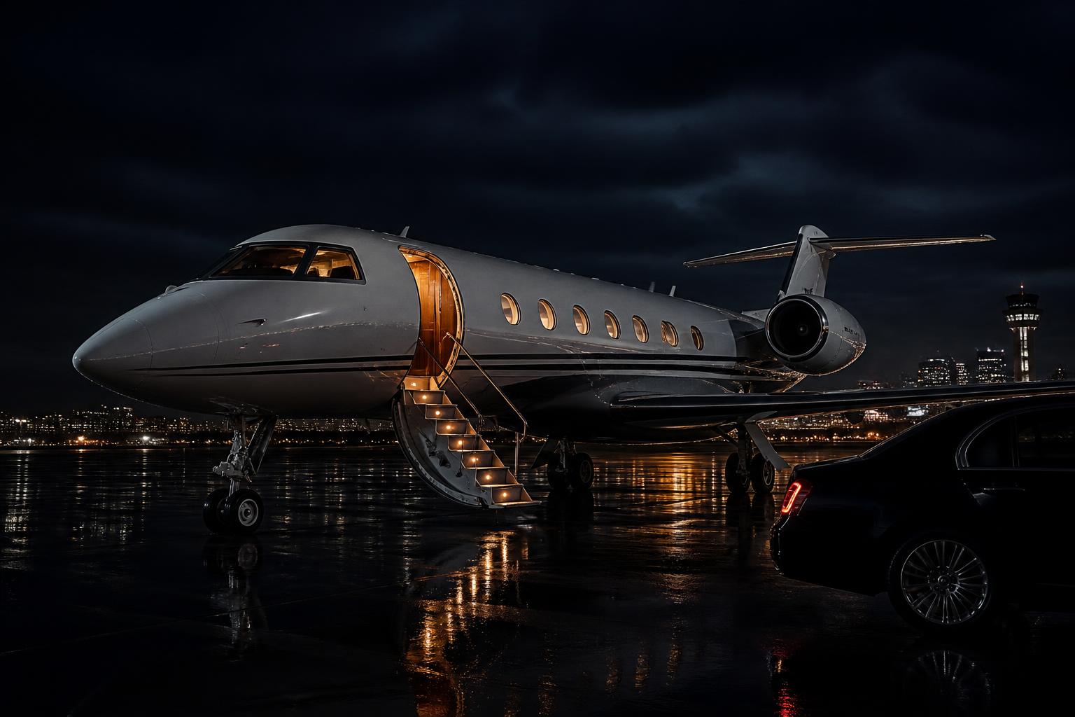 Private jet on a wet night ramp with air stair down and a waiting car