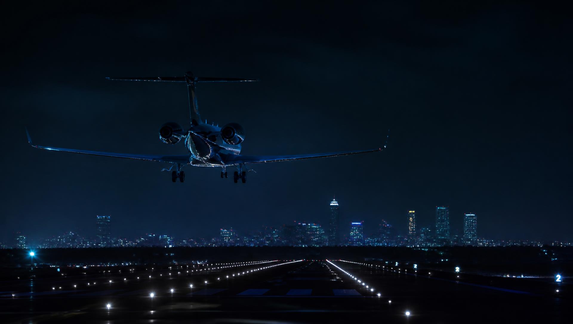 Business jet on final approach to a runway at night with a distant city skyline